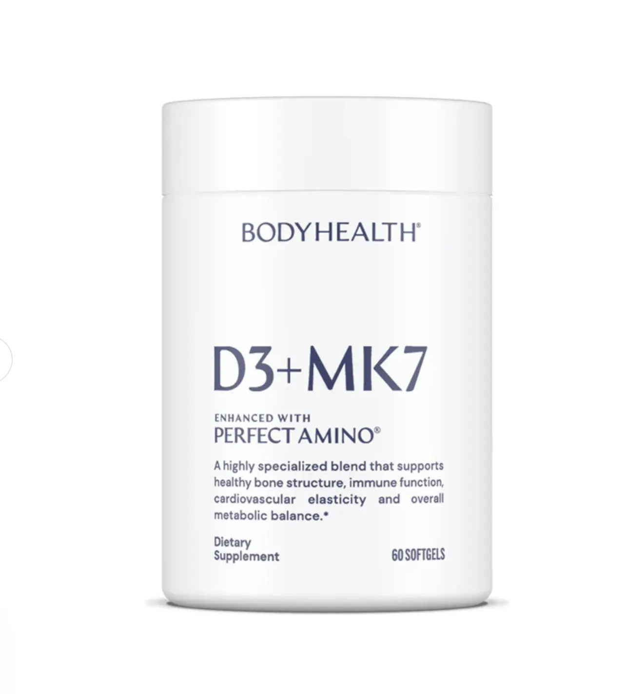 D3 + MK7 dietary supplement bottle by BodyHealth, enhanced with PerfectAmino for overall wellness.