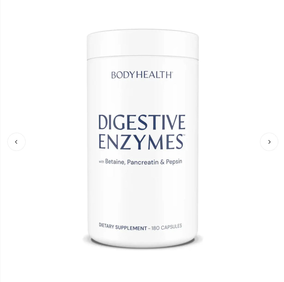 Digestive Enzymes dietary supplement bottle with 180 capsules for improved digestion and stomach health.