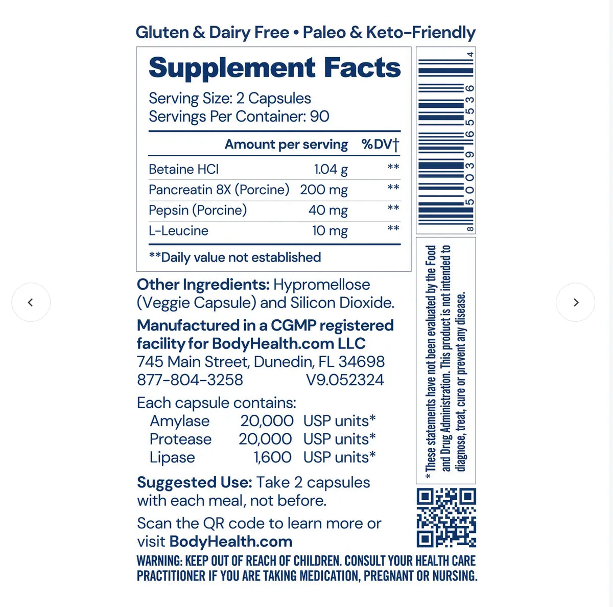 Digestive Enzymes supplement facts label with ingredients and serving information, suitable for gluten and dairy-free diets.