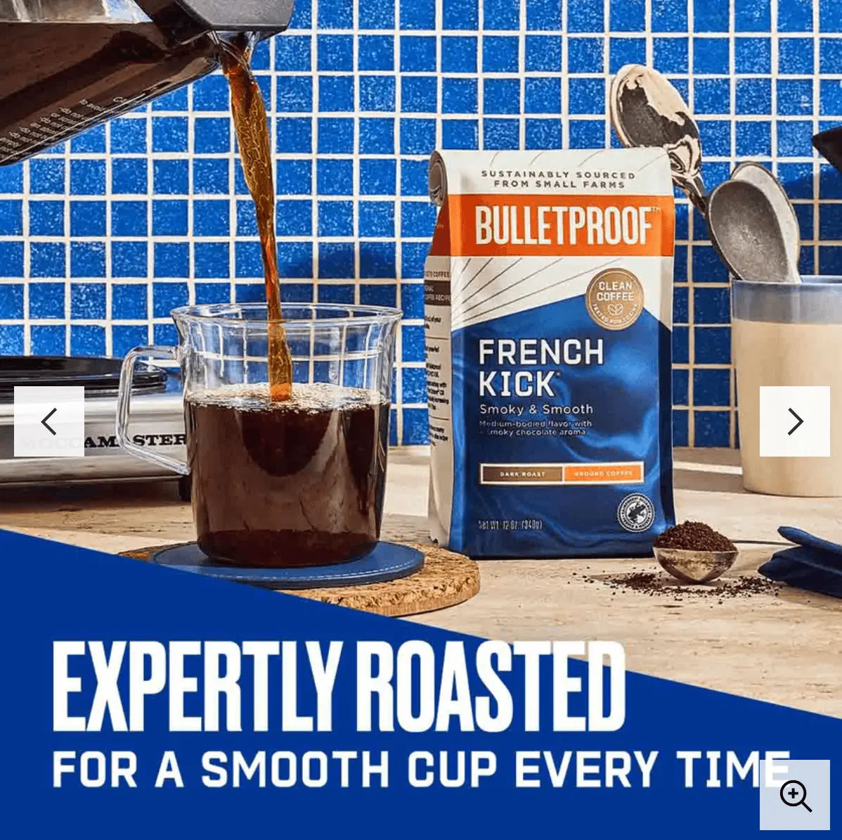 Ground Coffee French Kick, Dark Roast -12oz in a stylish setting, showcasing bold coffee being brewed.
