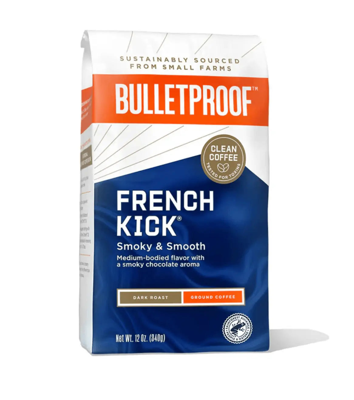 Ground Coffee French Kick, Dark Roast -12oz packaging featuring smoky chocolate aroma and medium-bodied flavor.