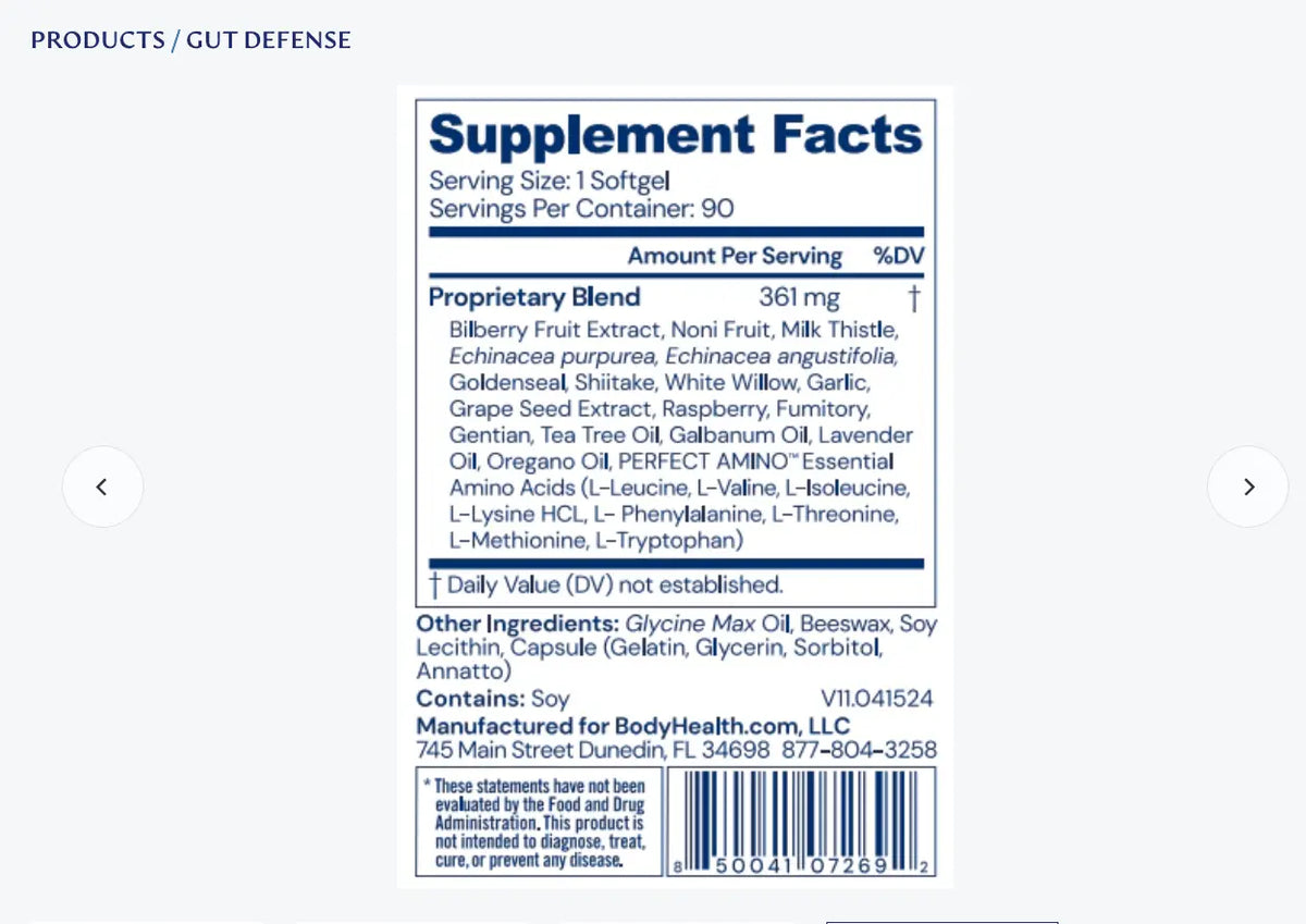 Supplement facts of Gut Defense (Bio Clear) showing ingredients and nutrition information.