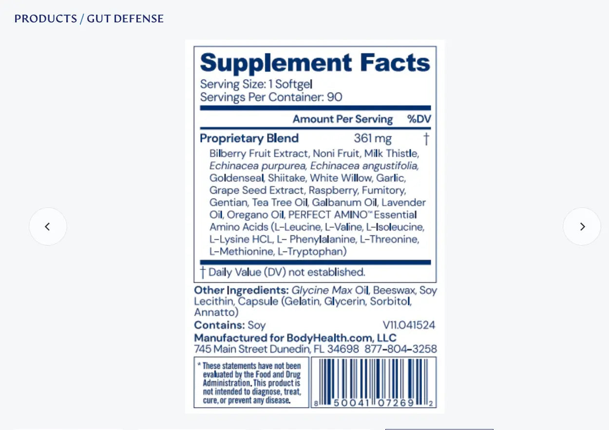 Supplement facts of Gut Defense (Bio Clear) showing ingredients and nutrition information.