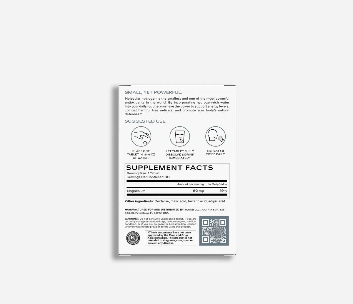 H2 Tab - Unflavoured supplement facts and suggested use for magnesium wellness.