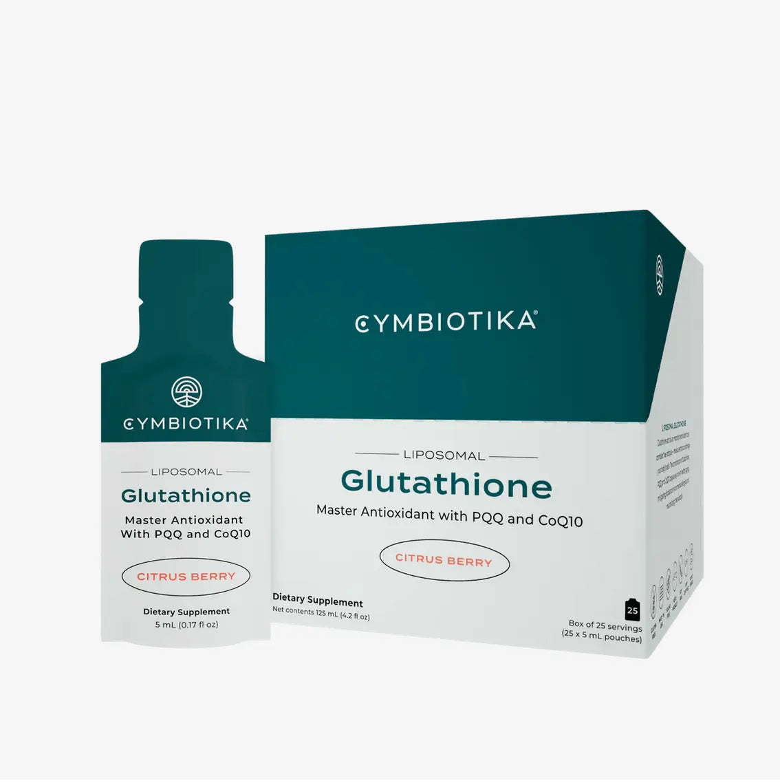 Liposomal Glutathione - Cymbiotika supplement packaging with Citrus Berry flavor, enhancing wellness and detoxification.