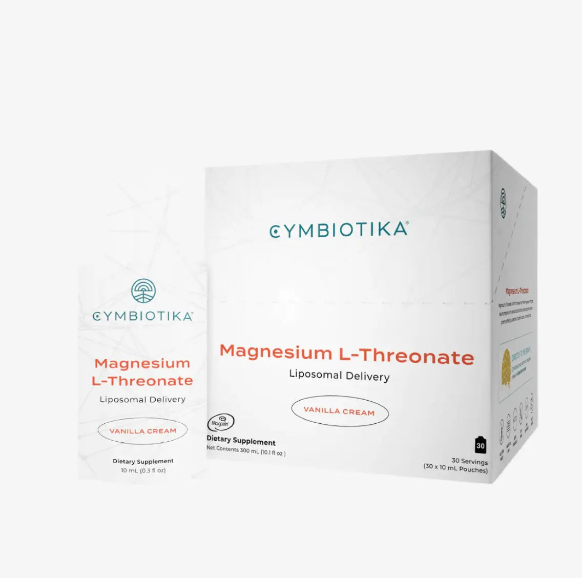 Liposomal Magnesium L-Threonate dietary supplement in Vanilla Cream flavor with packaging.