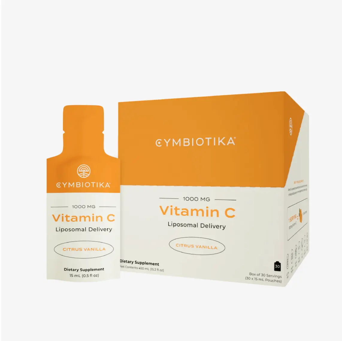 Liposomal Vitamin C - Cymbiotika 1000 mg supplement with citrus vanilla flavor and box packaging