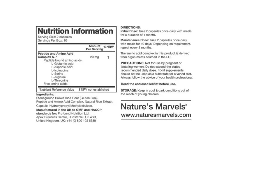 Nutrition information label for Liver Bioregulator dietary supplement by Nature's Marvels.