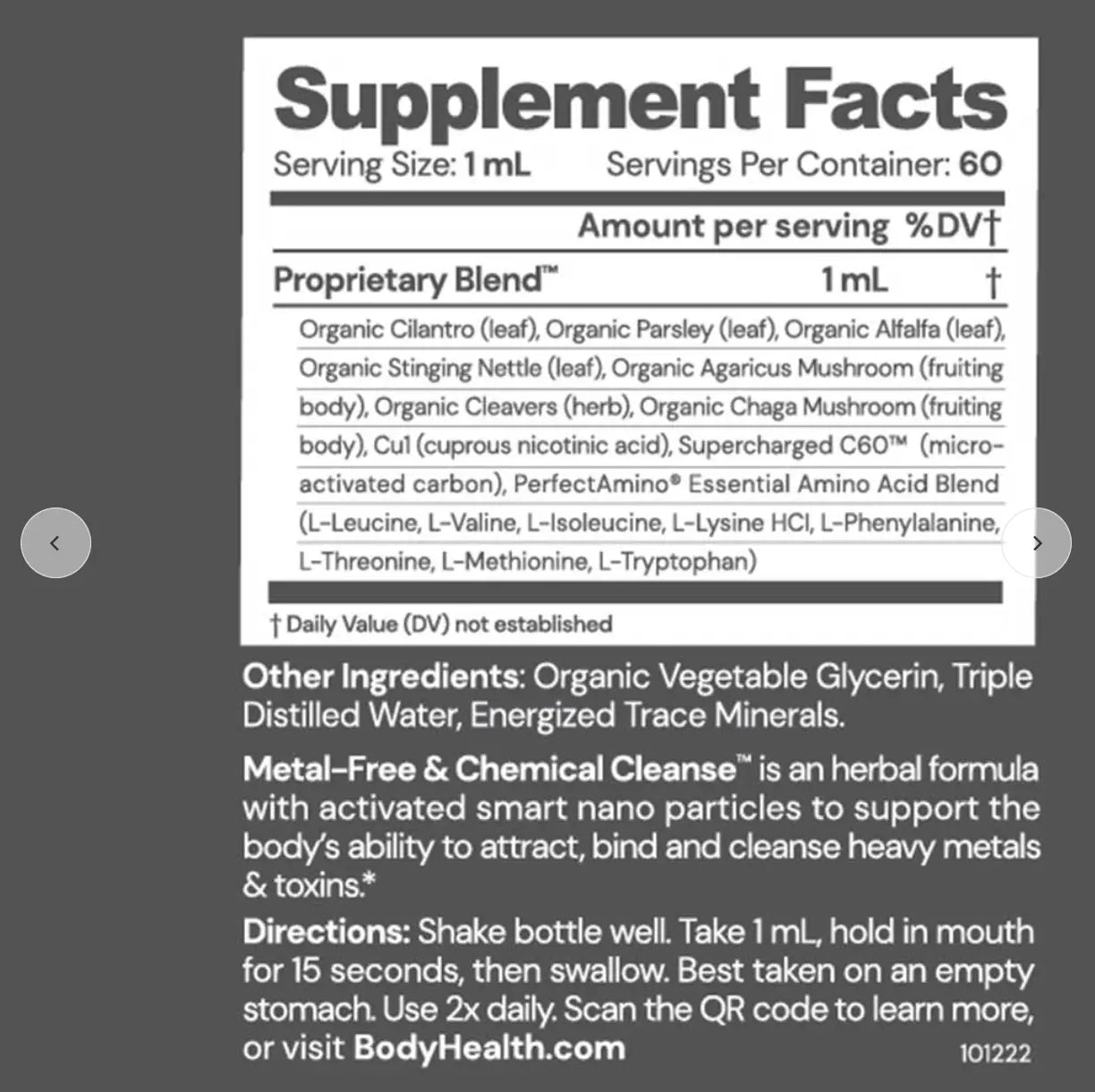 Supplement facts for Metal-Free & Chemical Cleanse herbal formula to support detox and cleanse heavy metals.