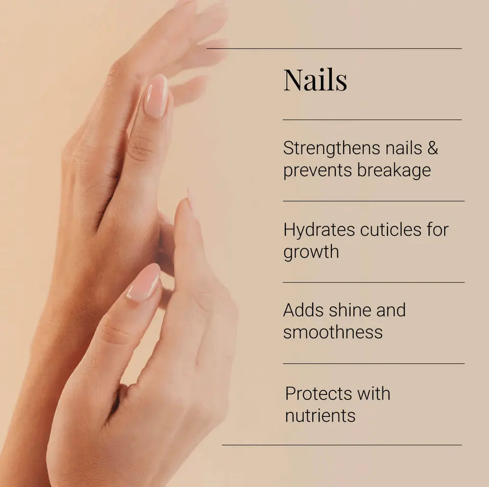 Nails care product benefits: strengthens, hydrates cuticles, adds shine, protects with nutrients