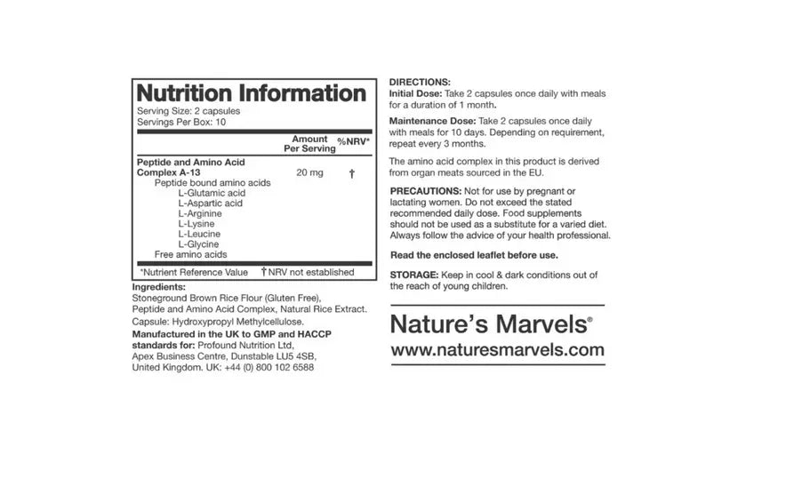 Nutrition information for Testes Bioregulator dietary supplement including serving size and ingredients.