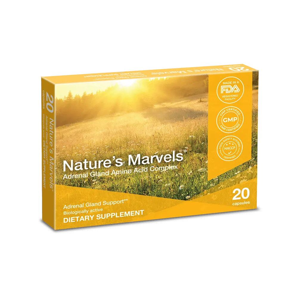 Adrenal Bioregulator Nature's Marvels Adrenal Gland Amino Acid Complex dietary supplement packaging with 20 capsules.