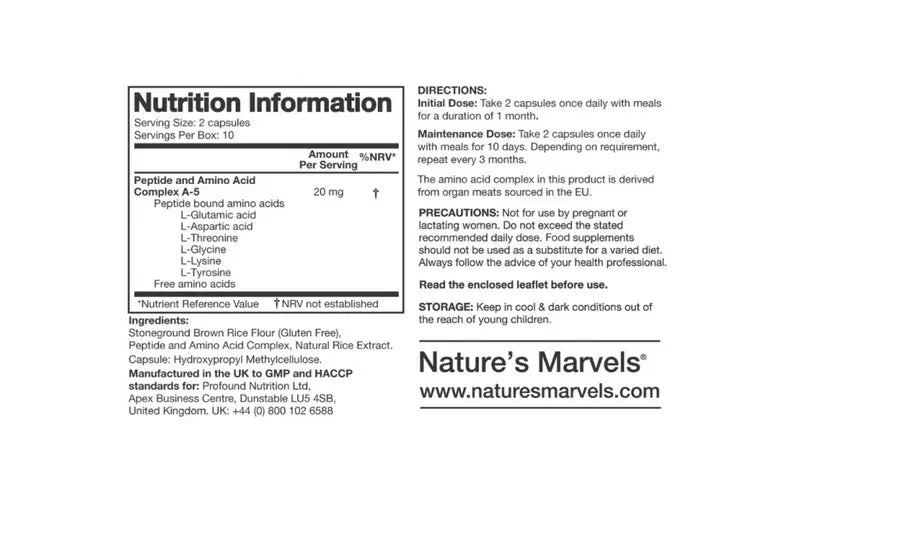 Central Nervous System (CNS) Bioregulator Nutrition Information for Nature's Marvels Acid Complex A-5 Dietary Supplement.