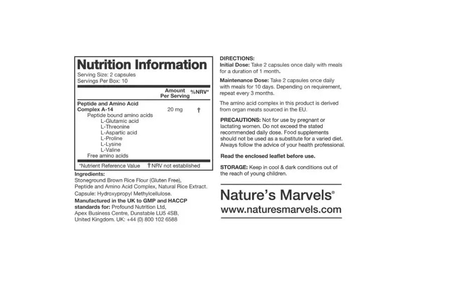 Heart Bioregulator dietary supplement nutrition information label with amino acid complex details.