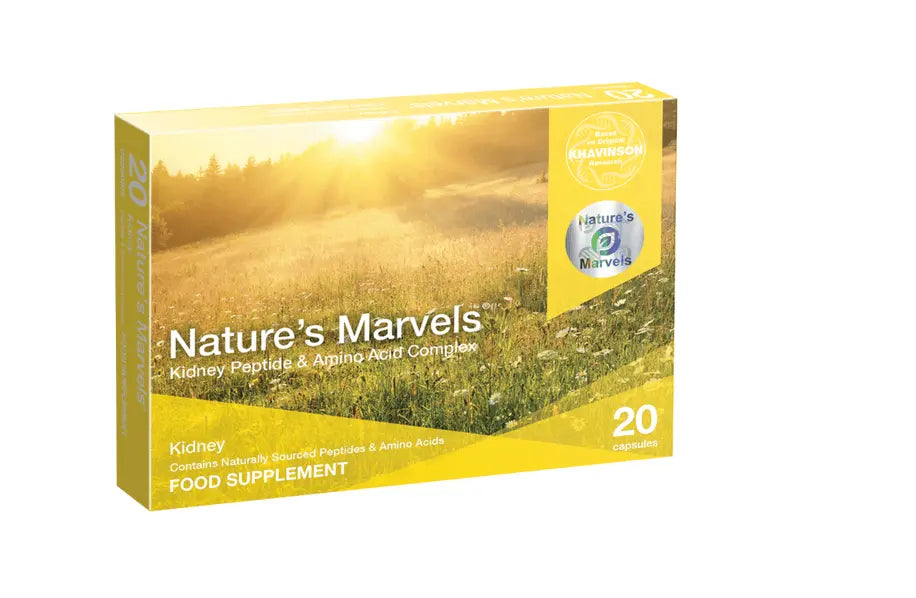 Nature's Marvels Kidney Bioregulator supplement box in a picturesque landscape, designed for nutritional balance.