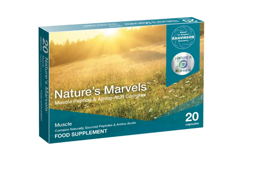 Nature's Marvels Muscle Bioregulator dietary supplement box with 20 capsules for supporting muscle health.