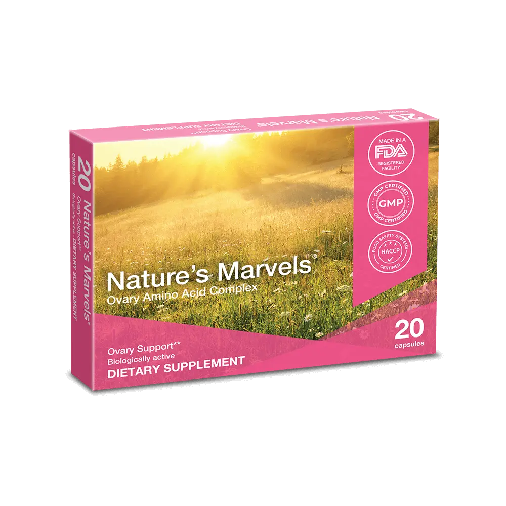 Nature's Marvels Ovary Bioregulator dietary supplement box with 20 capsules, designed for ovary support and amino acid balance.