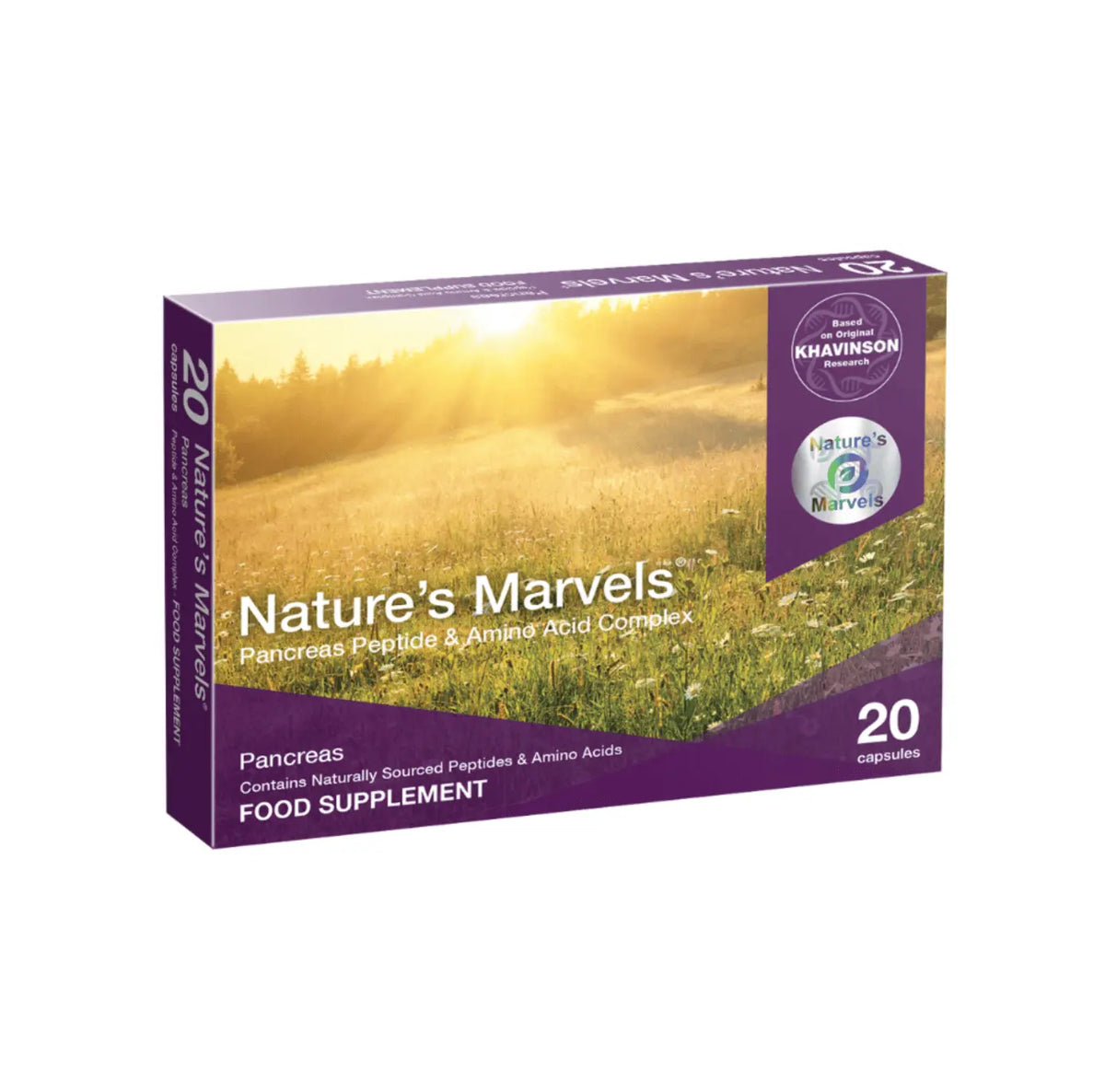 Nature's Marvels Pancreas Bioregulator dietary supplement box containing 20 capsules for wellness support.