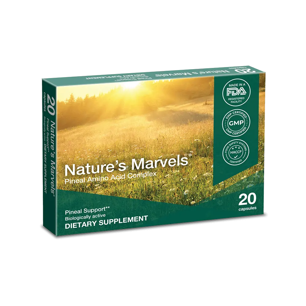 Pineal Gland Bioregulator by Natures Marvels packaging showcasing dietary supplement capsules for pineal support.