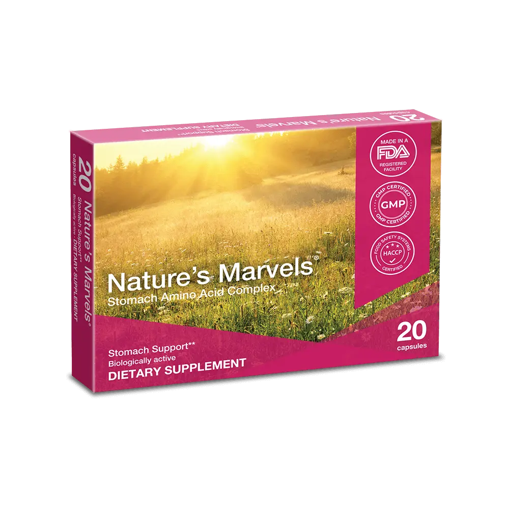 Stomach Bioregulator by Nature's Marvels, a dietary supplement for stomach health with 20 capsules.