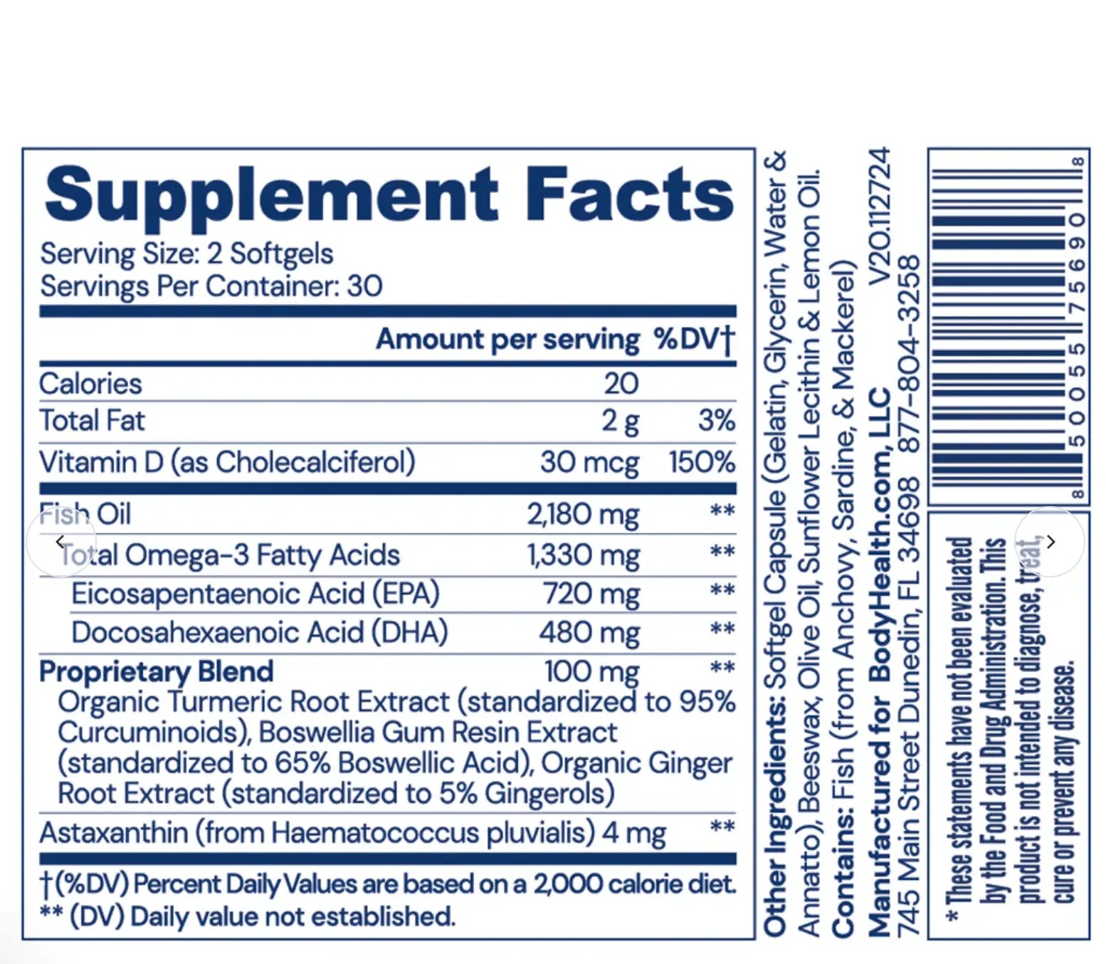 Omega 3 Health - 30 serve Supplement Facts panel detailing nutrients and serving sizes.