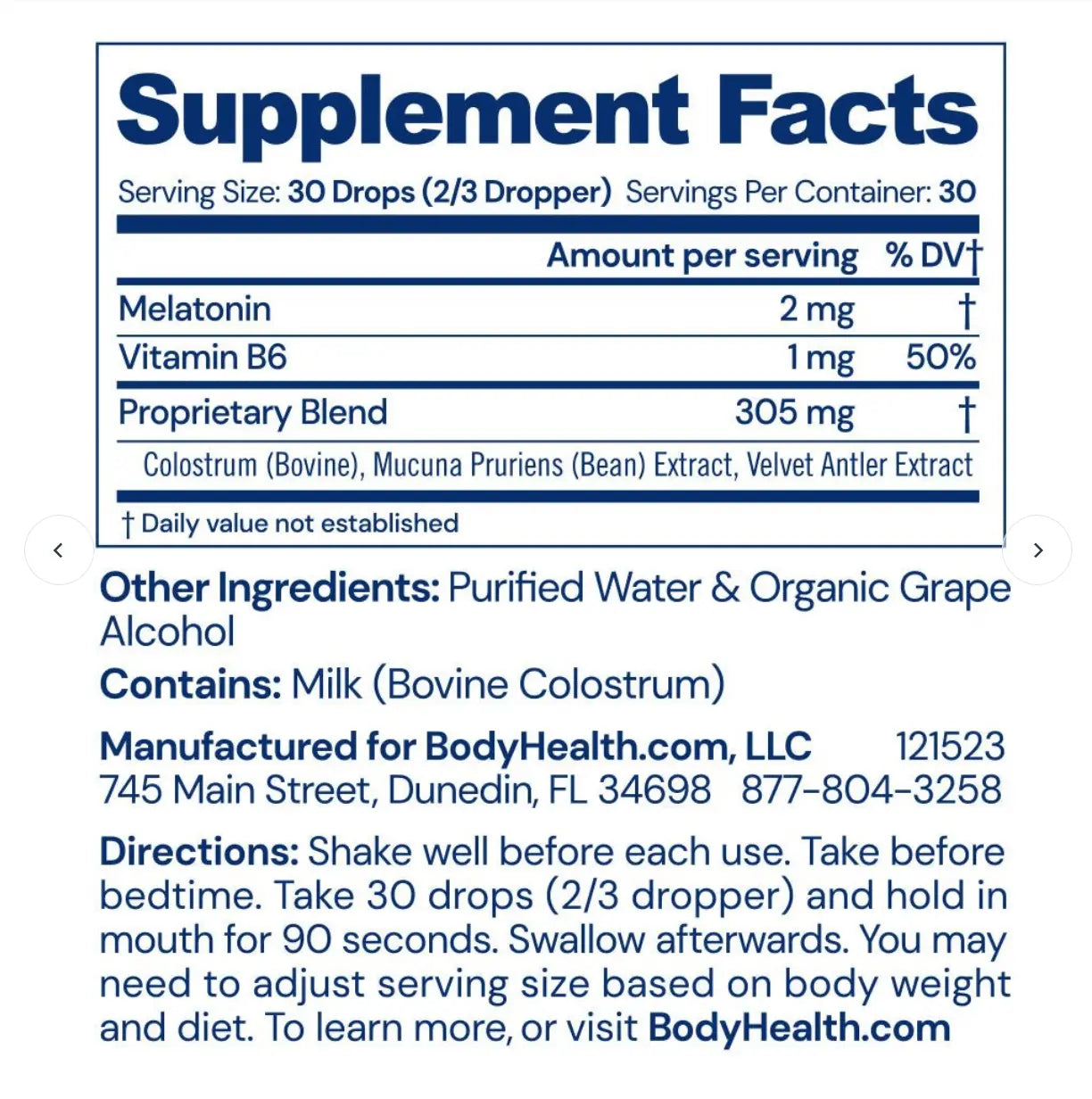 Optimum Sleep Assist Supplement Facts showing melatonin, vitamin B6, and proprietary blend ingredients for nighttime support.
