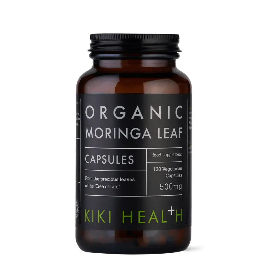 Moringa Leaf Powder Organic 100g in capsule form, 120 vegetarian capsules with 500mg organic moringa leaf powder.