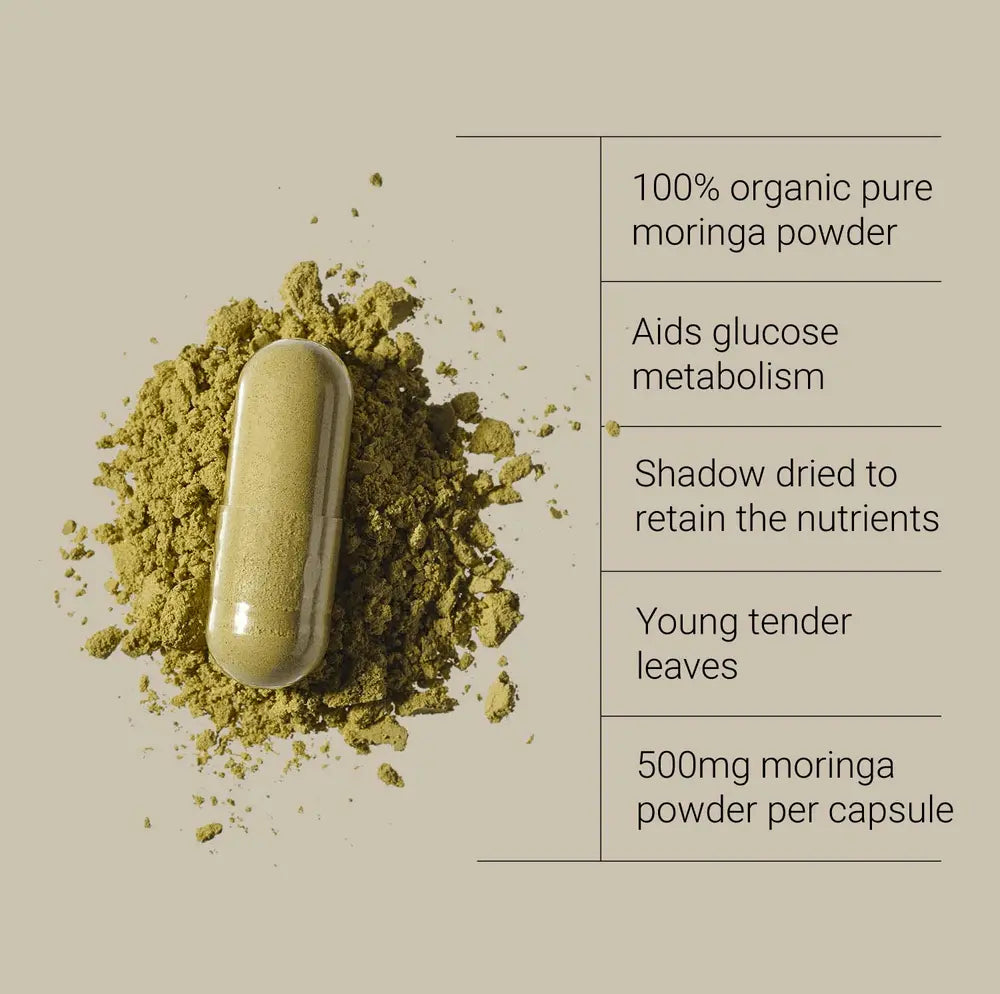 Moringa Leaf Powder Organic 100g with a capsule and powdered moringa showcasing its health benefits.