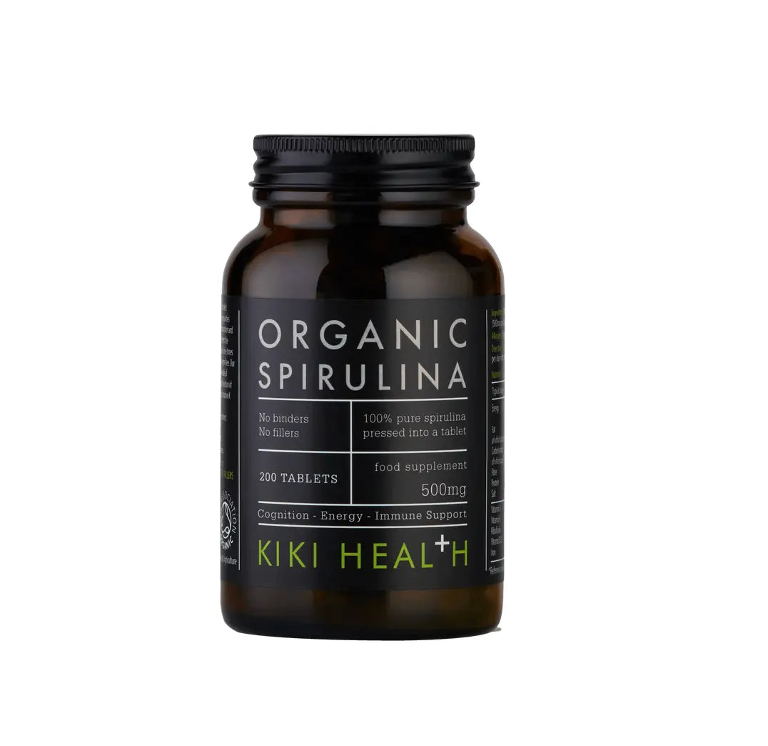 Spirulina Tablets, Organic - Kiki Health bottle showing 200 tablets for energy and immune support.