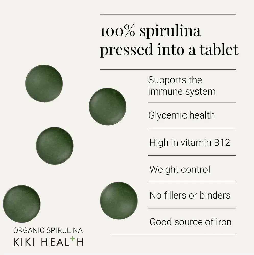 Spirulina Tablets, Organic - Kiki Health highlighting immune support and high vitamin B12 benefits.