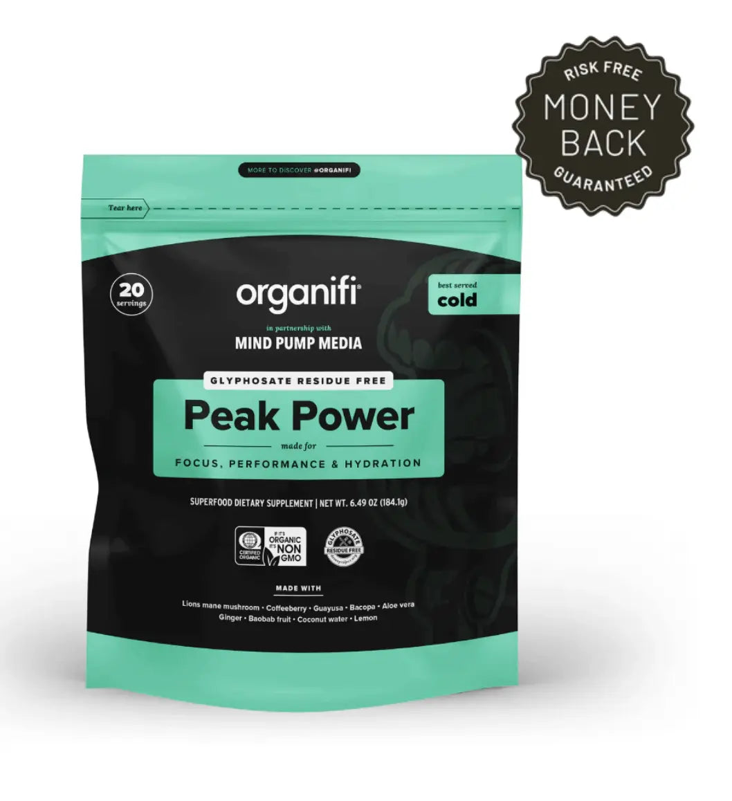 Peak Power Preworkout - Organifi packaging showcasing focus, performance, and hydration benefits.