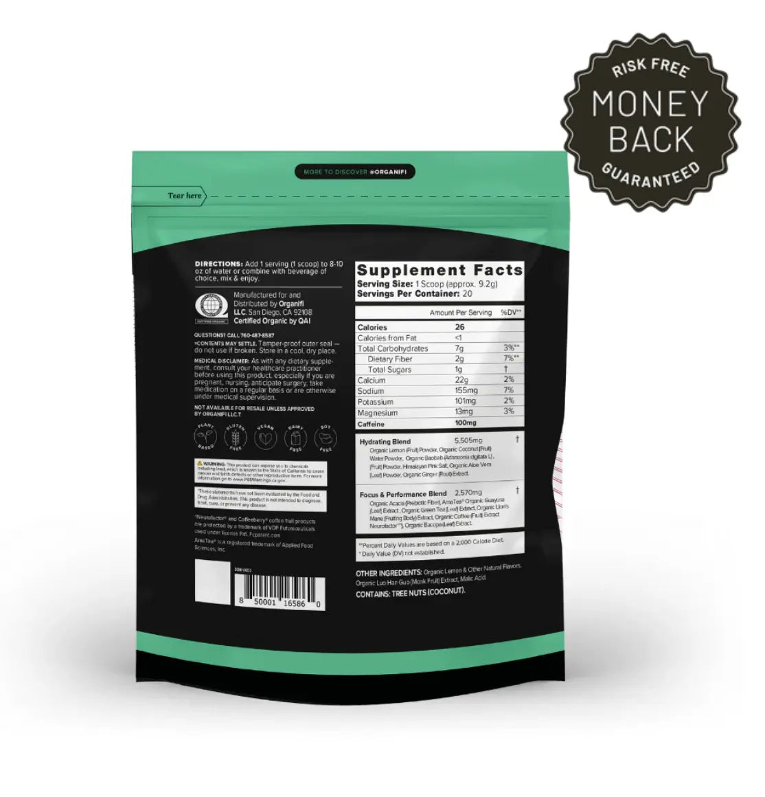 Peak Power Preworkout - Organifi supplement facts panel with money back guarantee logo.