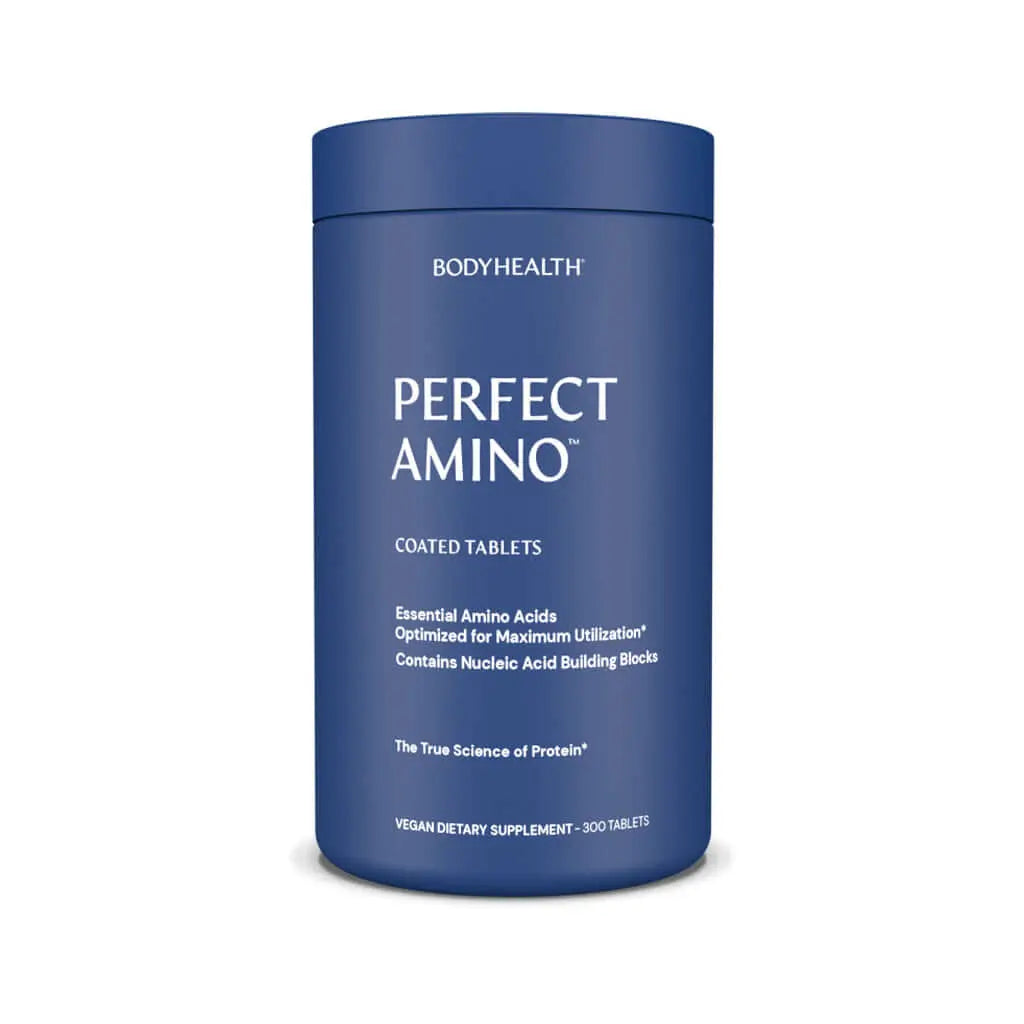 Perfect Amino Tablets - Coated product container showcasing essential amino acids for optimal muscle health.