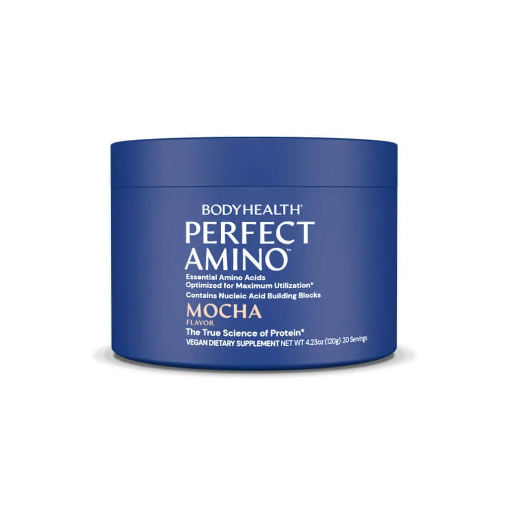 Perfect Amino Powder in a blue container with mocha flavor, essential amino acids supplement for protein building.