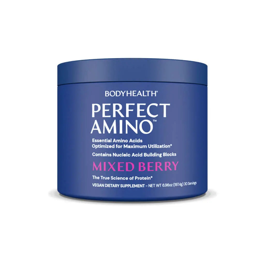 Perfect Amino Powder in a blue container, essential amino acids supplement with mixed berry flavor.