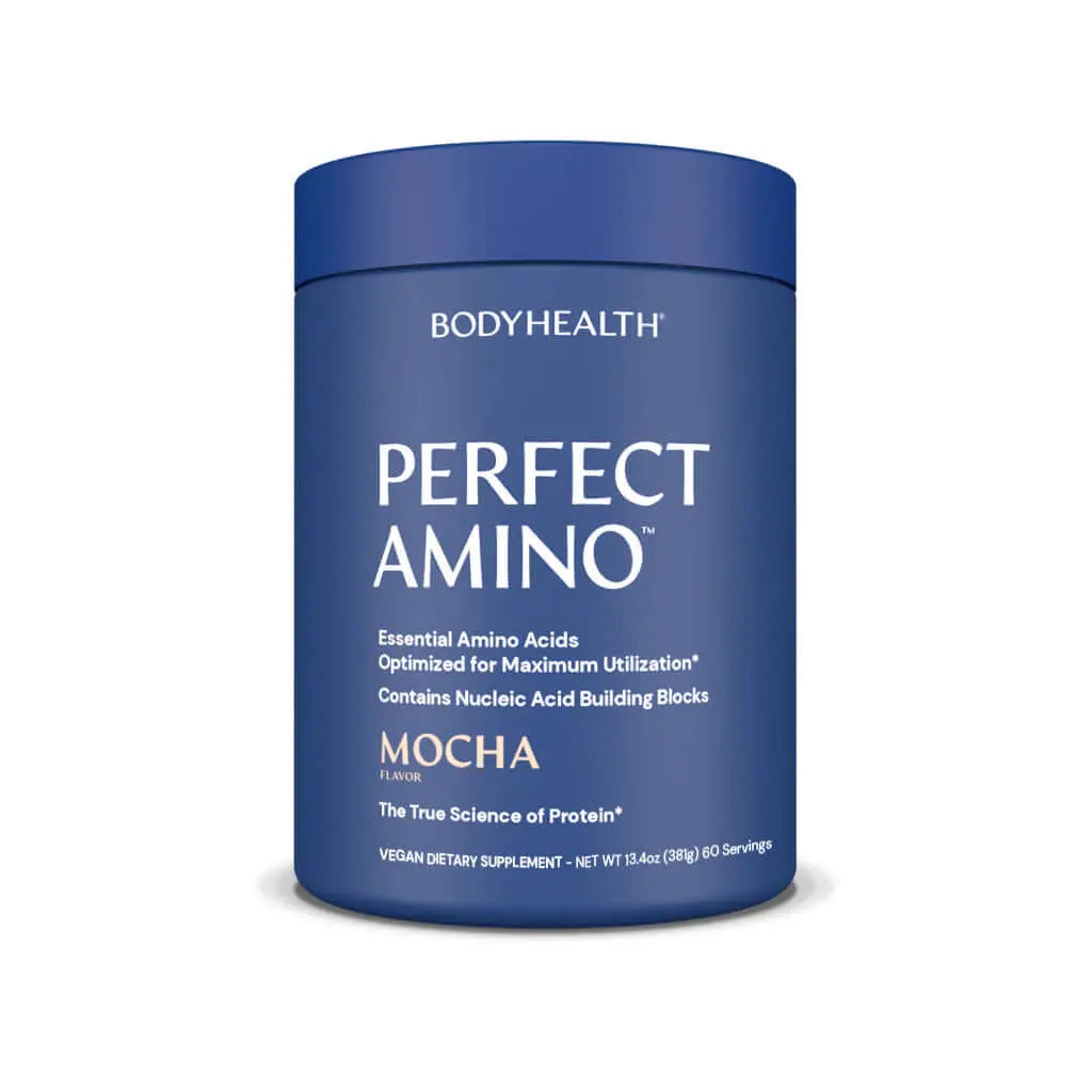 Perfect Amino Powder Mocha flavor - essential amino acid supplement in blue container.
