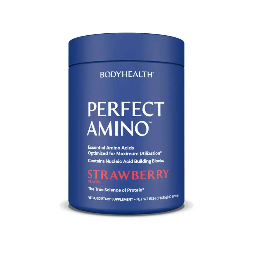 Perfect Amino Powder container showcasing strawberry flavor, essential amino acids supplement by BodyHealth.