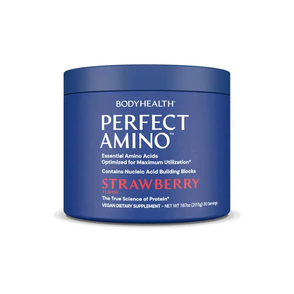 Perfect Amino Powder in Strawberry flavor, essential amino acids for maximum utilization.