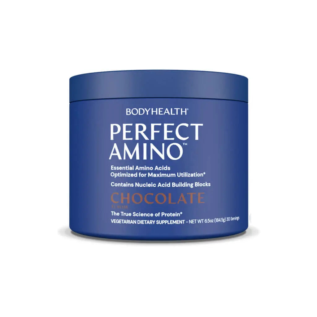 Perfect Amino Powder in a chocolate-flavored container for essential amino acid supplementation.