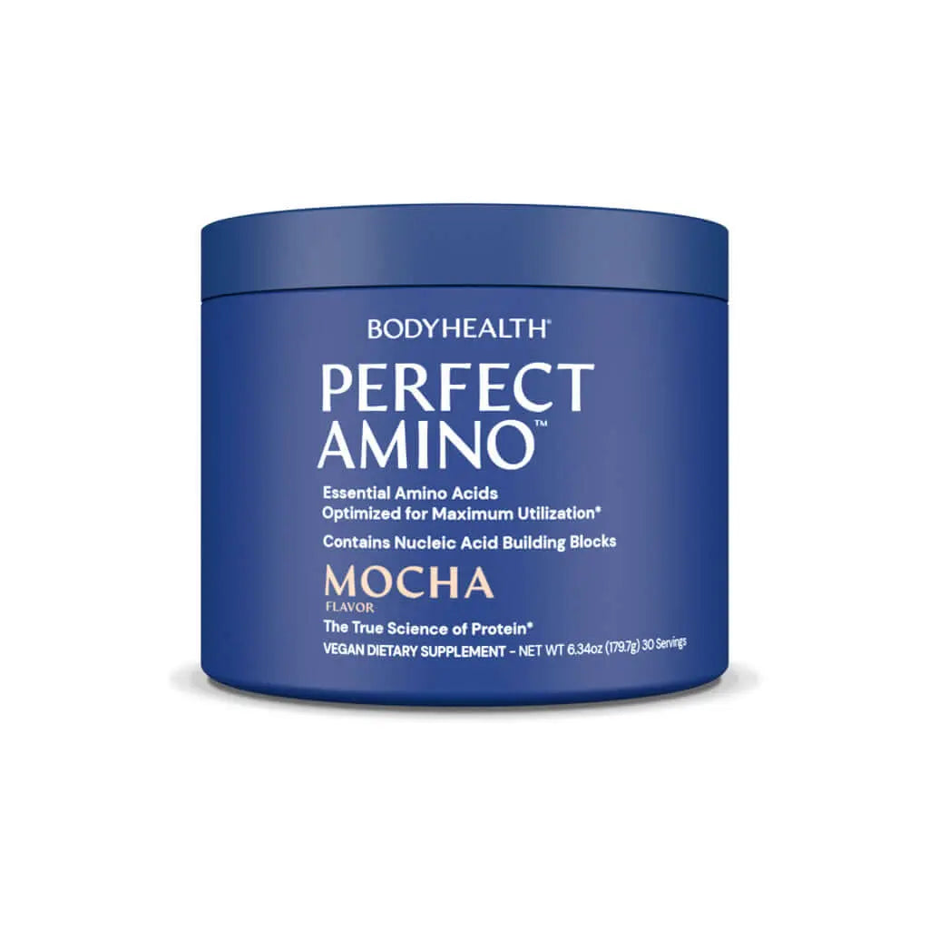 Perfect Amino Powder in Mocha flavor, essential amino acids for muscle and protein building.