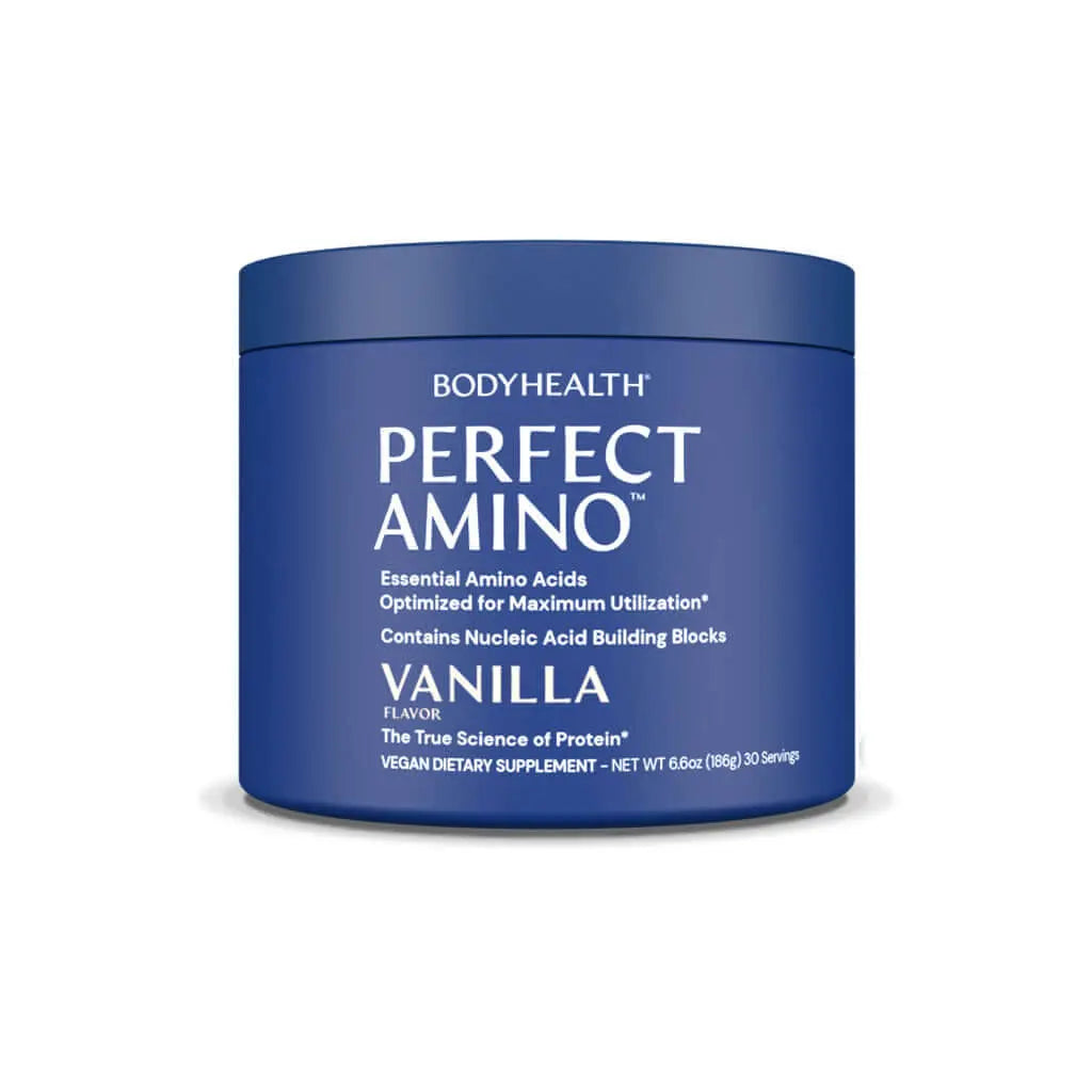 Perfect Amino Powder - Essential amino acids, vanilla flavor, BodyHealth dietary supplement container.