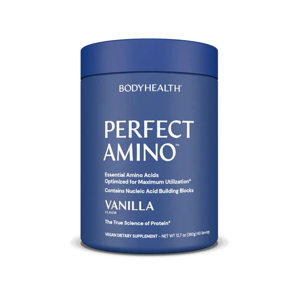 Perfect Amino Powder vanilla flavor container for essential amino acids supplement.
