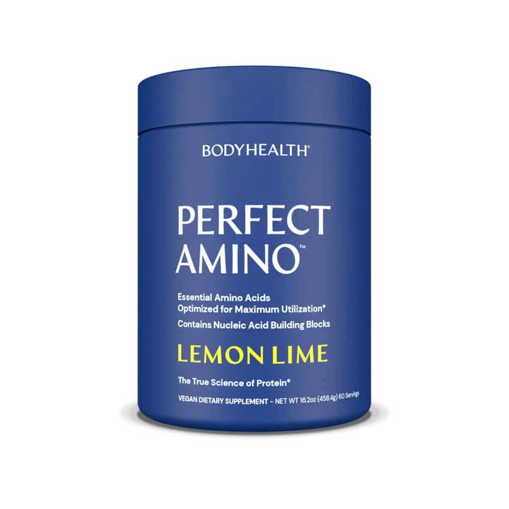 Perfect Amino Powder in Lemon Lime flavor, essential amino acids for maximum protein utilization.