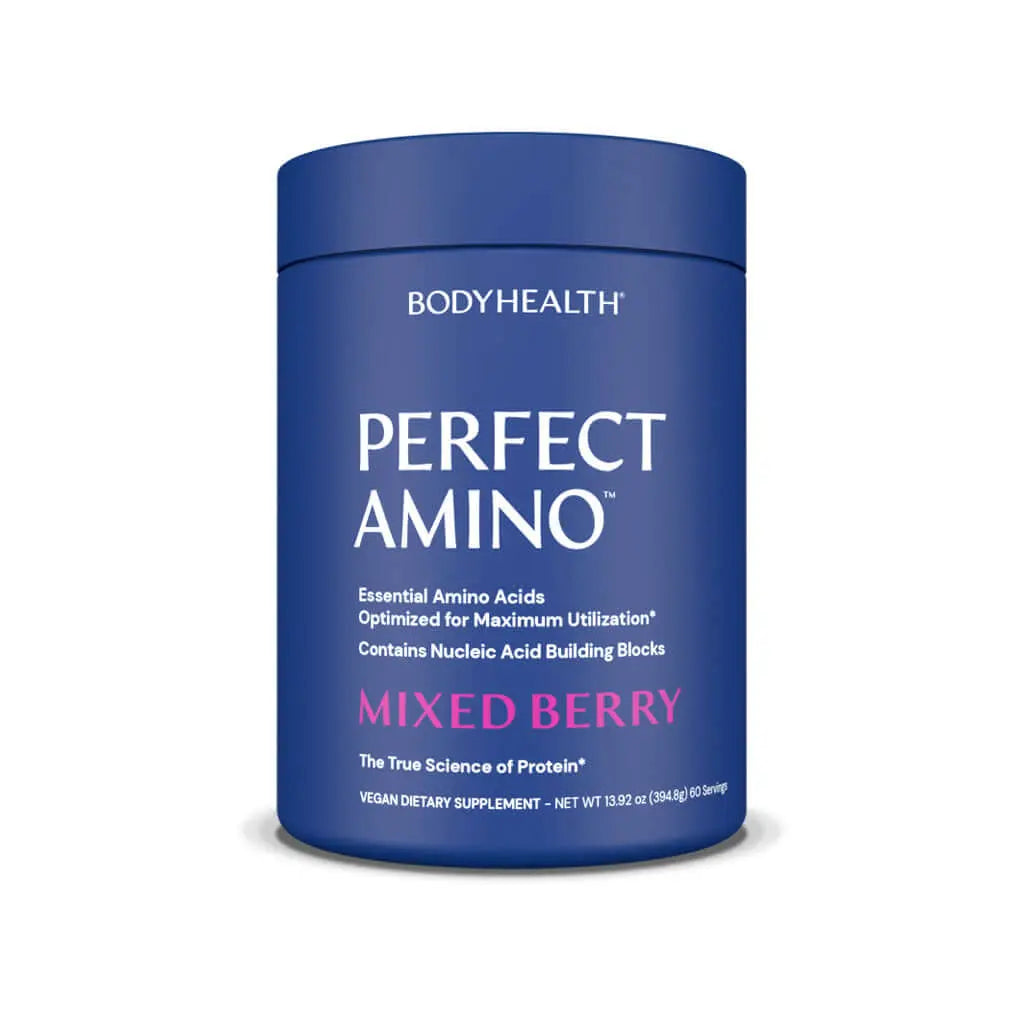 Perfect Amino Powder in Mixed Berry flavor, essential amino acids supplement for optimal protein utilization.