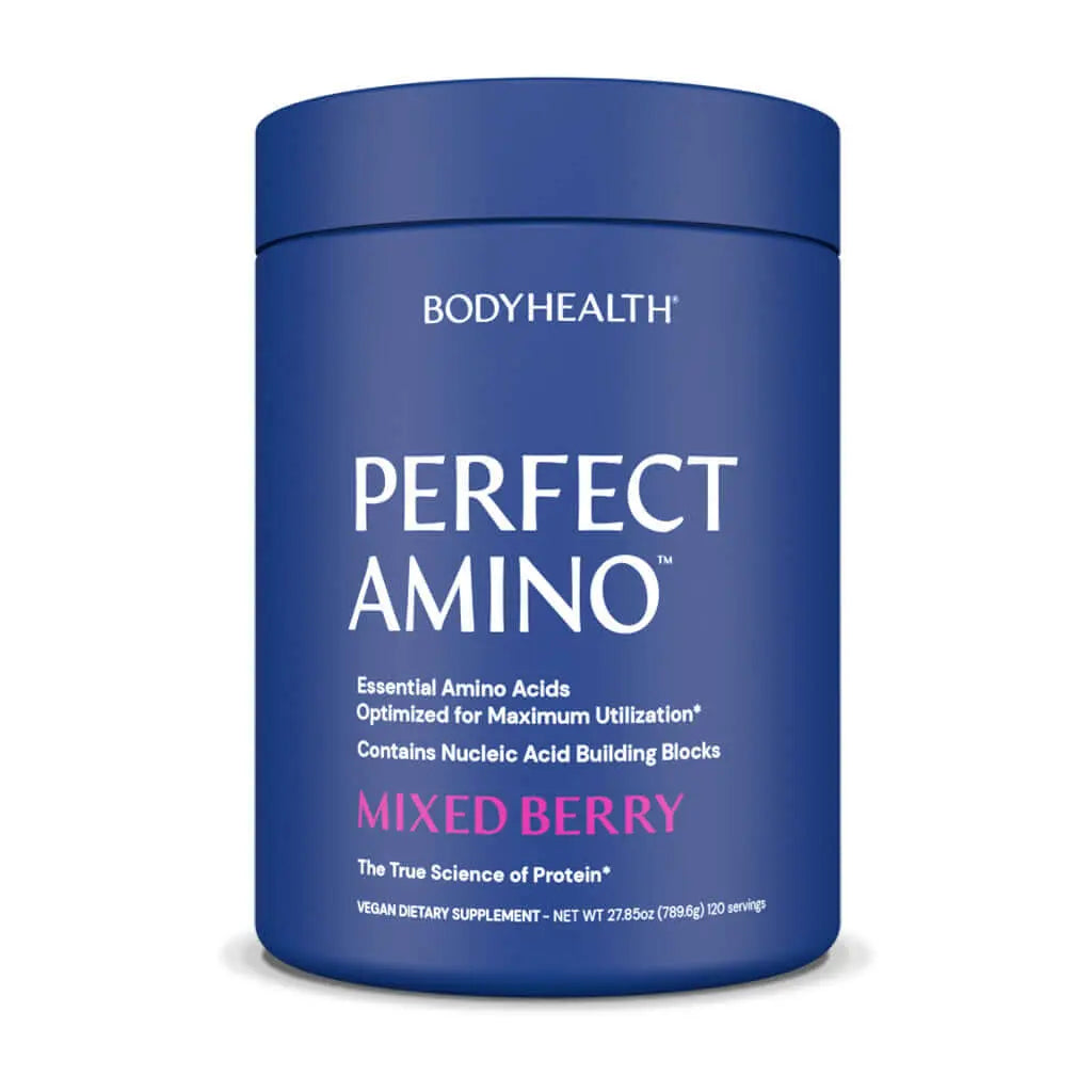 Perfect Amino Powder container in Mixed Berry flavor, essential amino acids for muscle and protein building.