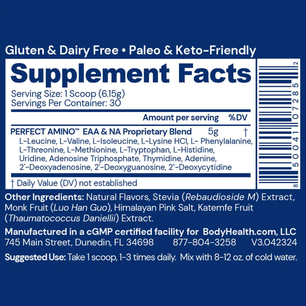 Perfect Amino Powder Supplement Facts label showing essential amino acids and ingredients for muscle support.
