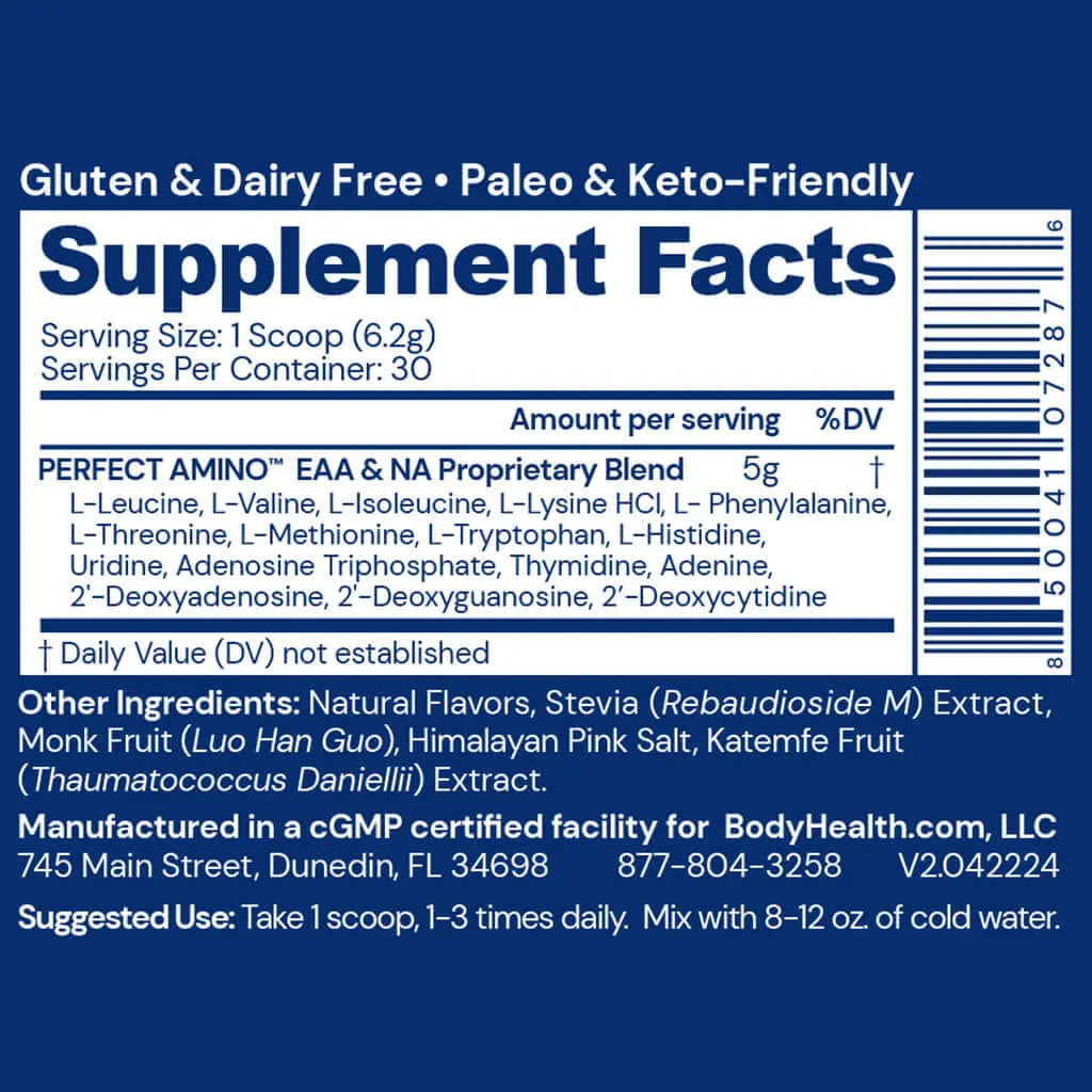 Supplement facts for Perfect Amino Powder showing essential amino acids and dietary information.