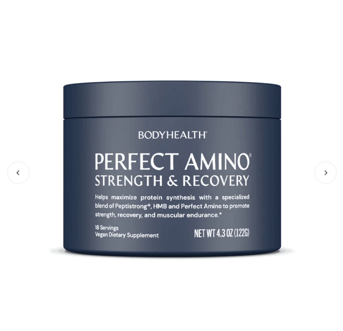 Perfect Amino Strength &amp; Recovery product container with nutritional benefits for muscle health and recovery.