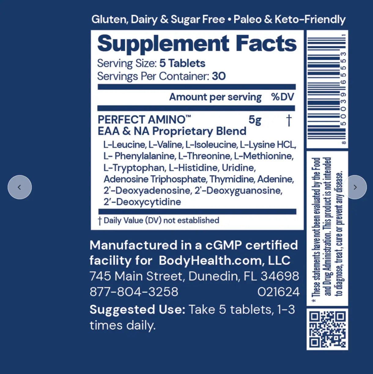Perfect Amino Tablets - Coated supplement facts label showing ingredients and nutritional information