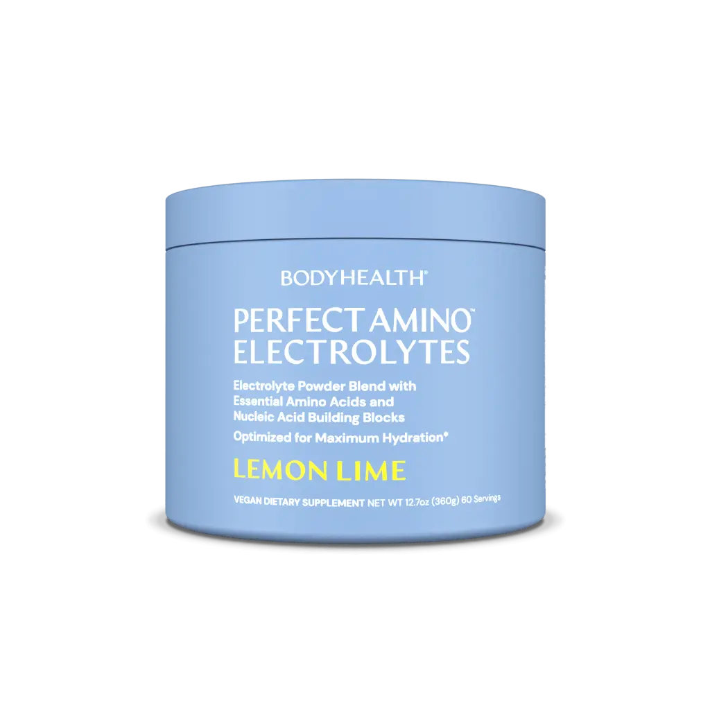 PerfectAmino Electrolytes powder container in lemon lime flavor for hydration and amino acid blend.